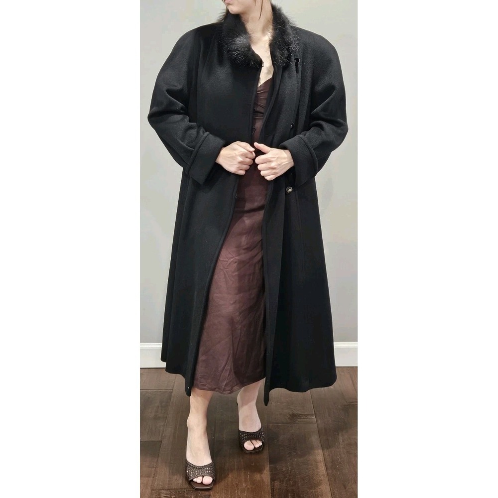 Portrait Women's Vintage Wool Blend Coat Black Long Trench 75% Wool 1980s-90s